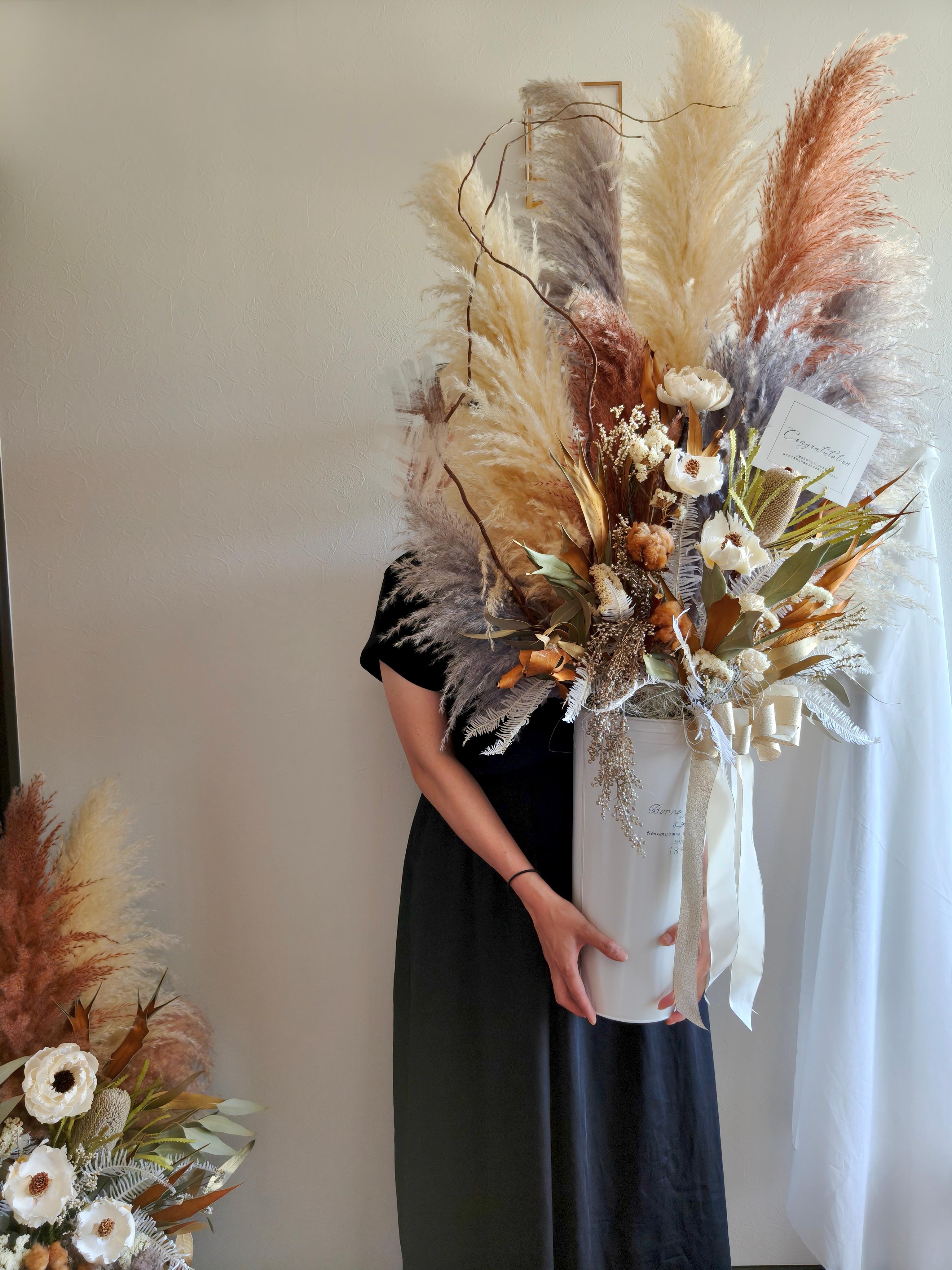 オーダー特大ボリューミーなドライフラワーのお祝い花 　スタンド花パンパスグラス 開店祝い店舗装飾　誕生日結婚式　受付装花